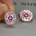Pink oval gemstone hoop earrings with white halo stones in rose gold finish - Rose Gold Pink Rhinestone