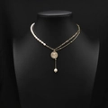 Freshwater pearl necklace with asymmetric gold chain and engraved coin pendant on model - Asymmetric Coin Pearl Tag Necklace