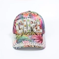 Close-up of colorful floral baseball cap with GIRL letters in pearls and rhinestones - Adjustable / Multicolor GIRL