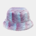 Rainbow fuzzy bucket hat with blue and purple stripes made of plush faux fur for winter - M (56-58cm) / Purple Blue Vertical Stripe Style (5# Color)