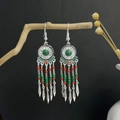 Bohemian silver earrings with turquoise stones and colorful tassel bead details - Green