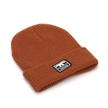 Detailed view of caramel ribbed knit beanie with rectangular JXTXH embroidery label - One Size / Tan