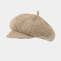 Detailed side view of beige thick knit newsboy cap showing texture and brim - Teal Blue