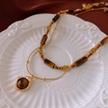 Double-layer Saturn necklace with tiger eye beads and gold chain in vintage style - 4# Gold-Coffee-Real Gold Plated (2-Piece Set)
