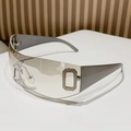 Y2K rimless one-piece shield sunglasses in dark grey with rhinestone rectangular logo - Silver Temple / Mirror Gradient Lens
