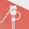 Cute white cartoon cat silicone straw cover cap for 10mm cups with anti-lost ring detail - Smiling Cat / 10mm