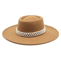 Detailed view of camel wool felt boater hat featuring triple-row pearl beaded embellishment - Adult 57-59cm / Khaki