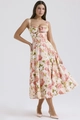 Close-up of French vintage floral pattern and corset style bodice on summer midi dress - S / Red Floral