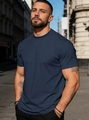 Close-up of a men's navy blue cotton T-shirt showing slim fit design and crew neck detail - S / Navy Blue