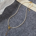 Elegant pearl choker necklace with gold gourd pendant and zircon tassel details - Gold-White-Gourd Necklace