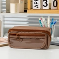 Brown multi-layer stationery organizer with clear front window and dual zipper rings - Coffee