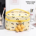 Large yellow striped makeup bag with bear charm zipper and top handle for travel - Yellow Large