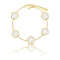 Detail of five white flowers on a gold stainless steel bracelet with lobster clasp - Gold White
