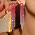 Long pink silver gradient tassel earrings with rhinestones for elegant bridal wear - Pink and Silver Gradient (KE023RO-W)