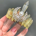 Detail of handmade silver hair comb with natural yellow crystal raw stones and pearls - Hair Comb / Yellow