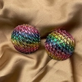 Rainbow crystal link earrings with a pavé-set dome design on gold satin fabric - Rainbow Round