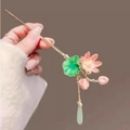 Classic pink lotus hair stick with green leaf pendant in elegant gold metal finish - Lotus Leaf