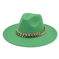 Bright green wide brim fedora hat with decorative bold gold link chain detail - Adult (57-60cm) / Grass Green
