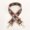 Detailed view of colorful jacquard ethnic pattern bag strap with gold metal hooks - Beige Black Blue Floral