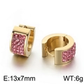 Golden stainless steel hoop earrings with four rows of pink rhinestones, 13x7mm size - Gold-Pink Stone (KE108262-TGD)