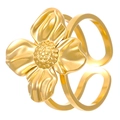 Double-banded 18K gold plated stainless steel ring featuring a textured floral design - Brushed Flower Style (3994)