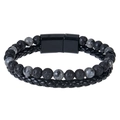 Double-layer men's bracelet with black leather cord, lava stone and marble beads - 19cm / Lava Stone and Map Stone (Style-1)