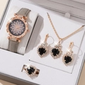 Elegant 5-piece women's quartz watch set with grey leather strap and black heart jewelry - 5-Piece Set (No Box) / Grey Heart Set