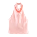 Detail of pink satin halter top featuring pleated neckline and back button closure - XS / Pink
