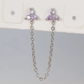 Macro shot of silver chain earrings with three purple zircon flower studs on display - Silver Purple Rhinestone