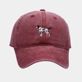 Close-up of vintage burgundy washed cotton baseball cap featuring dog embroidery detail - Burgundy / Adjustable