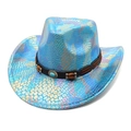 Detail of metallic blue snake pattern cowboy hat with turquoise and wood bead accents - M (56-58cm) / Lake Blue