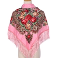 Pink floral shawl with vibrant roses, paisley patterns, and fringe tassels detail - Watermelon red