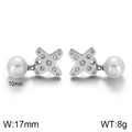 Silver X-shaped earrings with 10mm pearls and crystal accents, 17mm width pair - Silver X-Shape Cross Pearl Style (KE55380-K)