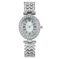 Fashionable silver ladies watch with sparkling rhinestone bezel and oval roman dial design - Silver