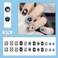 Short square press-on nails featuring cow print and heart patterns in black, blue and white - Cow Floral Mixed (R778)