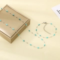 Detailed shot of silver beaded chain necklace and bracelet set with turquoise beads - Bracelet 19CM / Type B - 2mm Steel