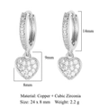 Detailed size chart for silver heart earrings featuring copper and cubic zirconia materials - Silver Heart
