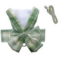 Green plaid dog harness and leash set with bowknot and breathable mesh lining - Green Vest Set
