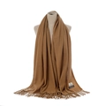 Solid color cashmere feel winter scarf with elegant fringe design, warm and soft neck wrap for women. - Camel