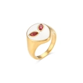 Golden geometric signet ring with white enamel and red marquise-cut gems on white background - US 8 / White