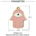 Detailed specs of pink enamel Hamsa hand pendant in stainless steel with dimensions - Pink Enamel Hamsa Hand