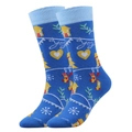 Blue knit Christmas socks with yellow house and 'joy' text pattern for holiday season - Blue Cottage