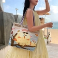 Canvas tote bag in cream white with purple straps and colorful cartoon bird prints - Dorky Bird