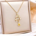 Golden Christmas tree pendant necklace with white zircons and pear-shaped yellow gem - Christmas Tree / Gold