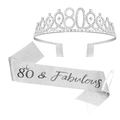 Silver 80th birthday crown tiara with glittery 80 & Fabulous sash and pearl pin set - 80 Years Old Silver (Tiara And Silver Sash And Pin)