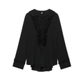 Blouse élégante en mousseline noire à manches longues avec volants et col en V - S / Noir