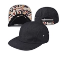Retro grey cotton denim five-panel camper hat with flat brim and metal eyelets - Adjustable / Black