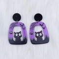 Halloween acrylic drop earrings featuring purple cat and spider web spooky designs - Cat
