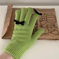 Green knit gloves with black bow accents and touchscreen finger tips for women - One Size / Fruit Green