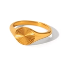 Macro detail of gold stainless steel ring featuring engraved sunburst pattern and dimensions - Sunburst Pattern Signet Style (HC-R30001-6)